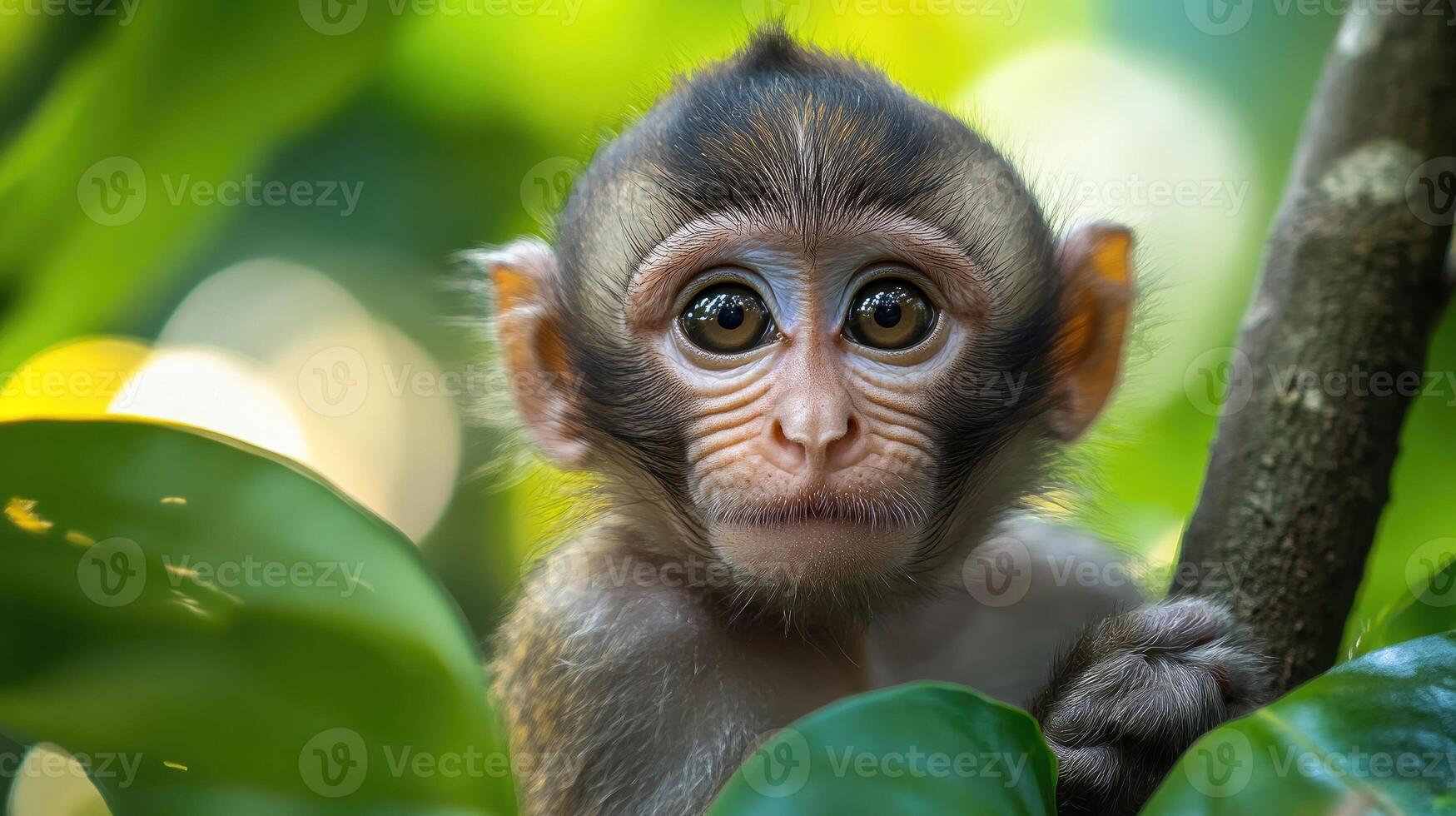 Cute baby monkey hiding in the green jungle leaves photo
