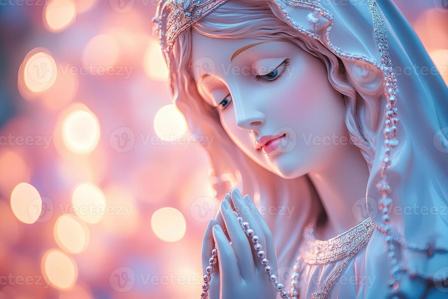 Virgin mary statue praying with rosary on blurred background photo