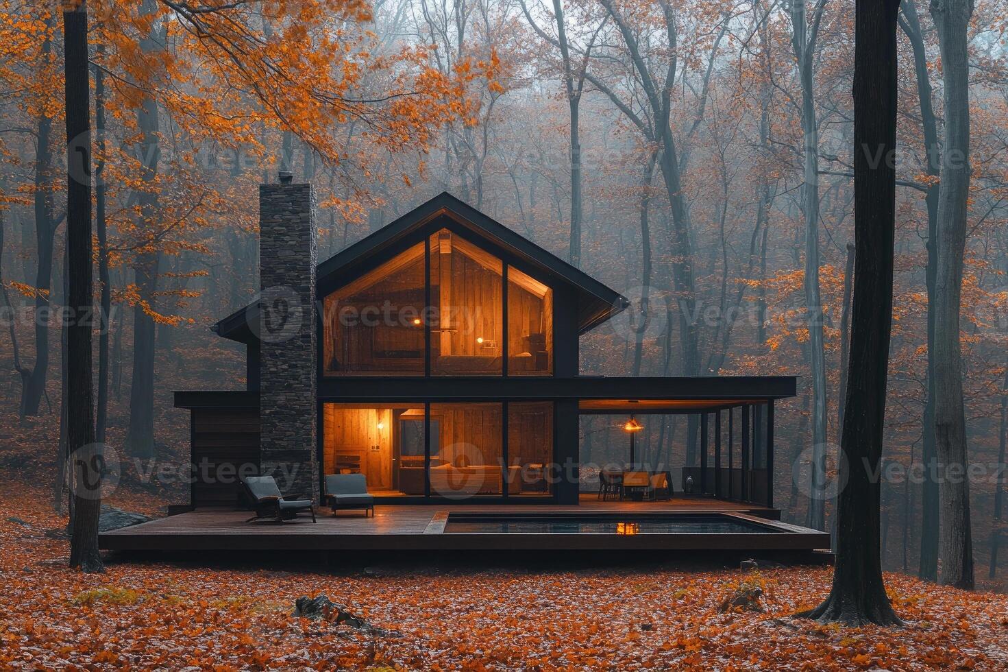 Modern wooden house with glowing windows nestled in autumn forest photo