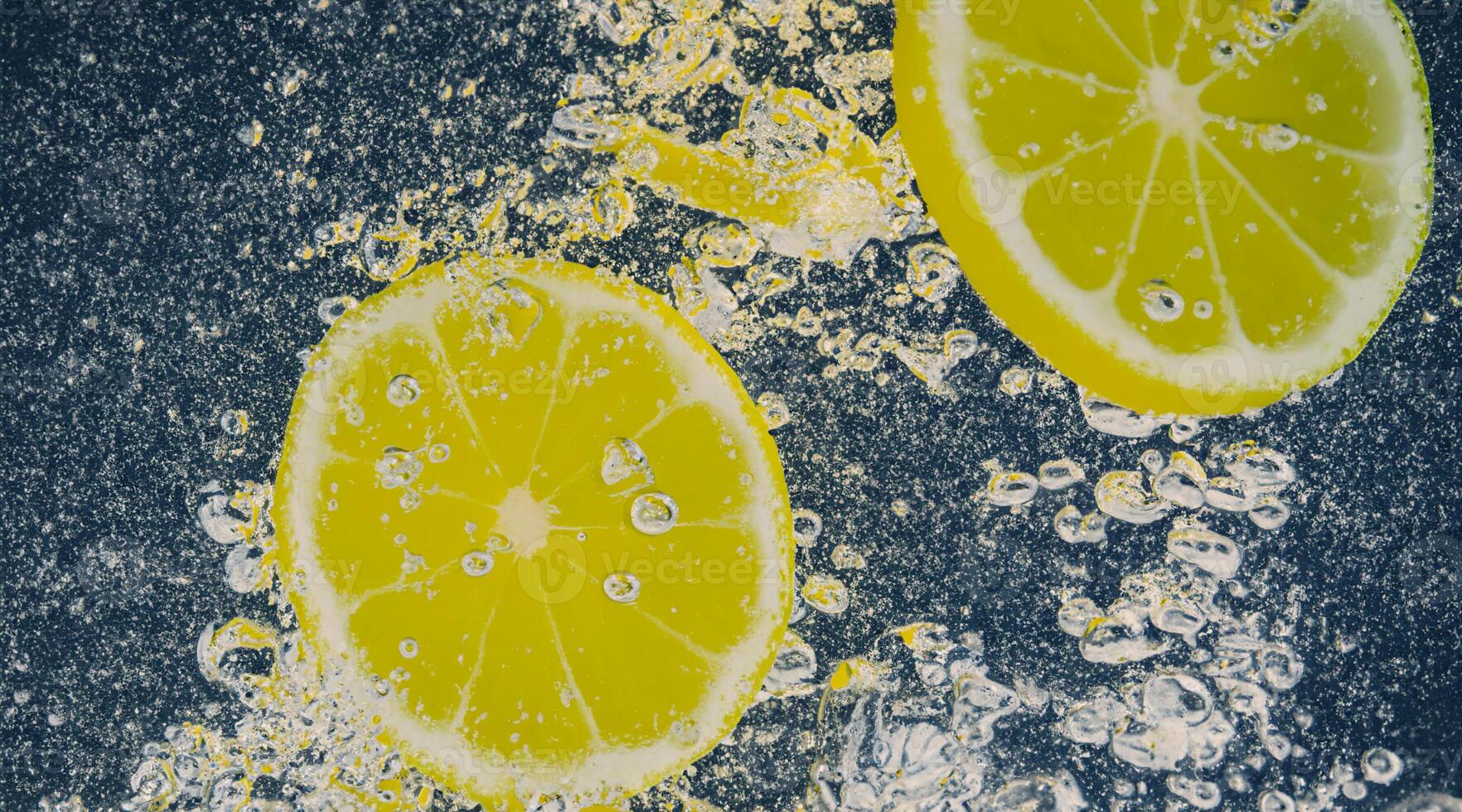 Underwater lemon slice in soda water or lemonade with bubbles. photo