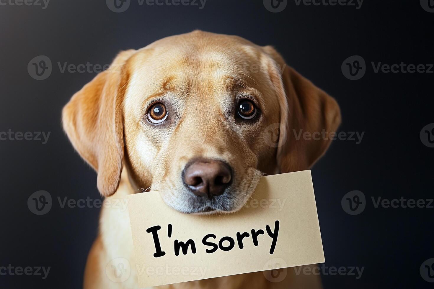 Cute golden labrador dog with a card saying I'm sorry, Apology Card with yellow retriever. photo