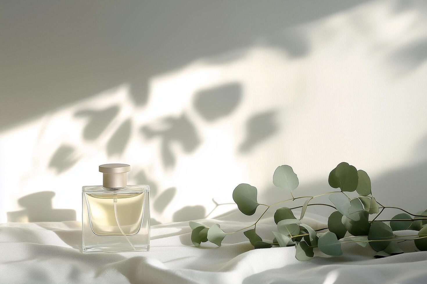 Glass perfume bottle with a gold metal cap with eucalyptus leaves, product photography on the white background with trendy perfume bottle. For ads, banner, mock-ups photo