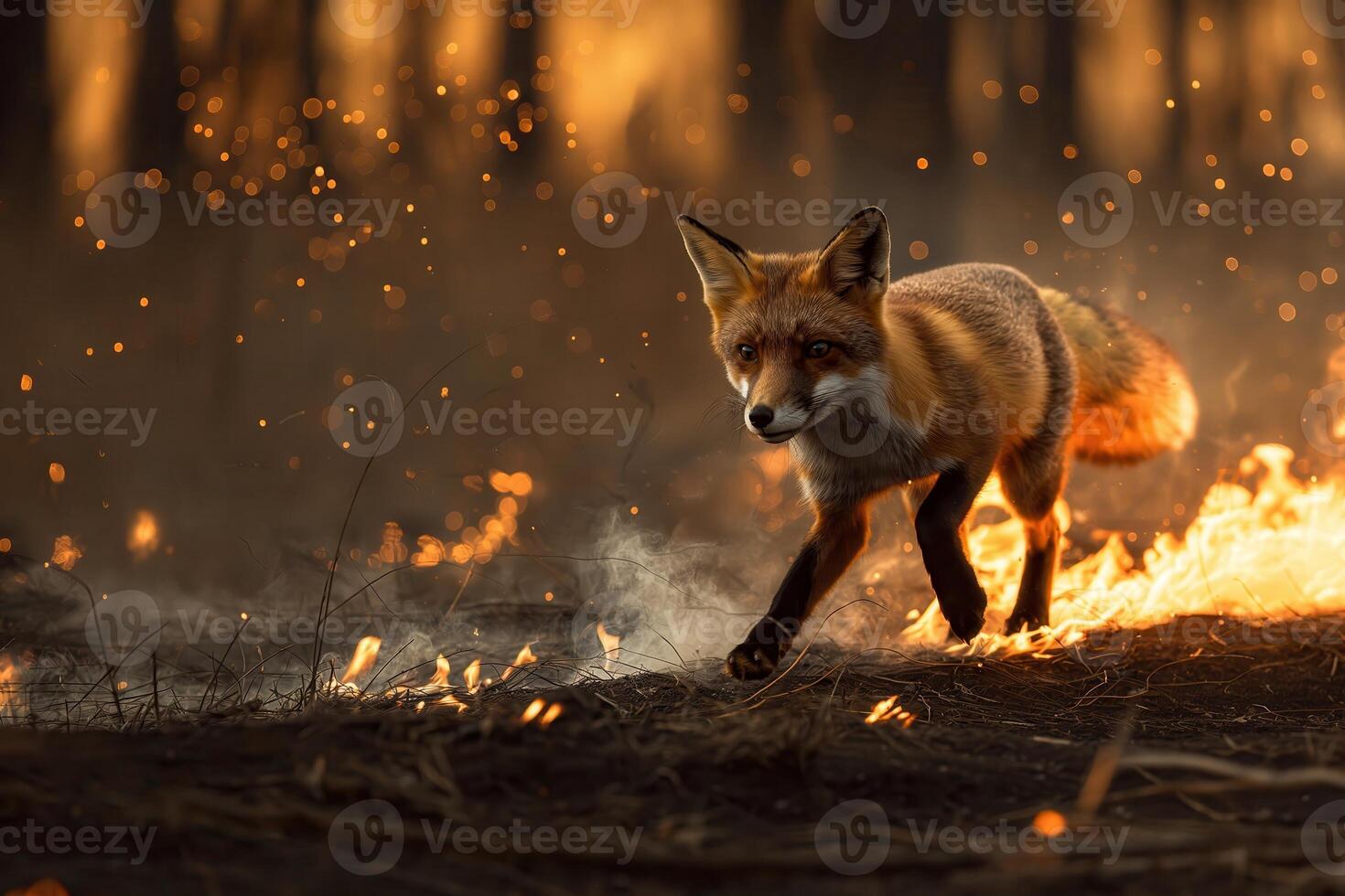 Fox bravely runs away from a forest fire photo