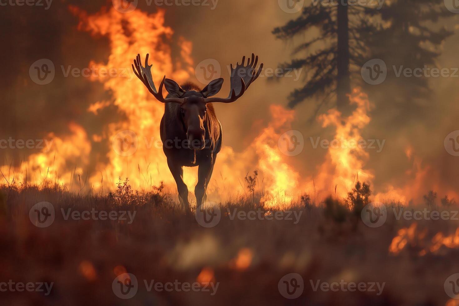 moose bravely runs away from a forest fire photo