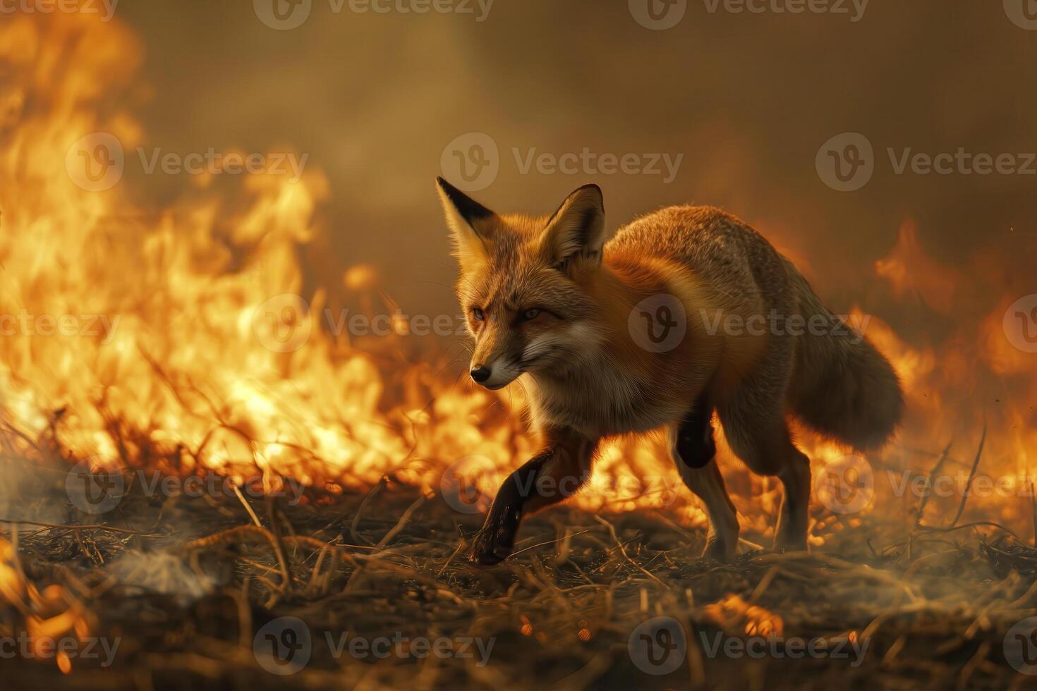Fox bravely runs away from a forest fire photo