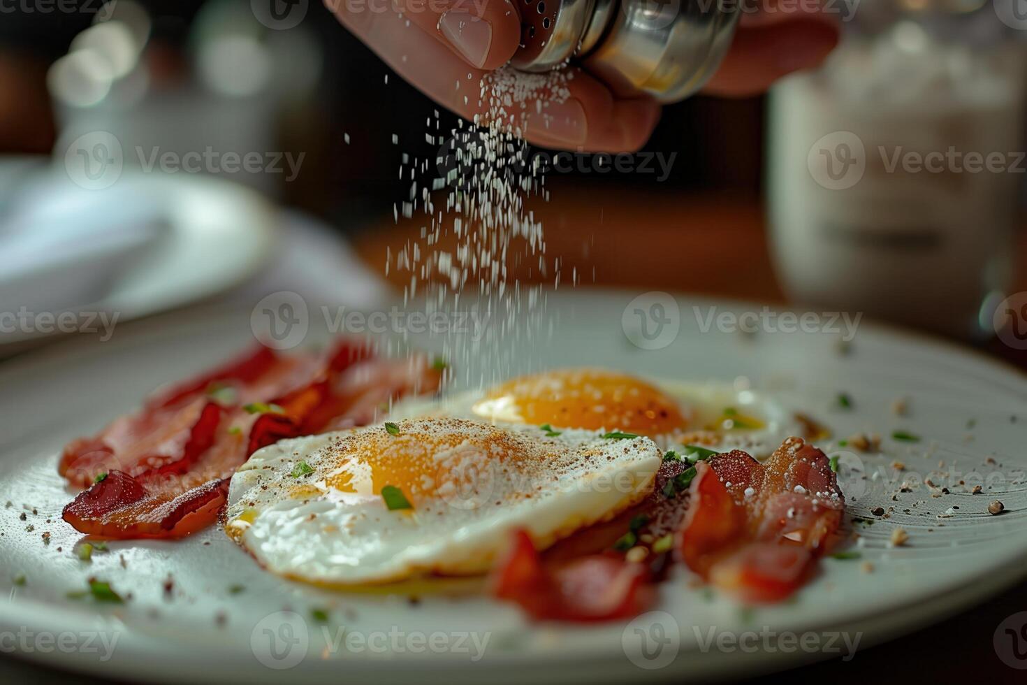 A hand sprinkles a plate with eggs and bacon with salt from a shaker photo