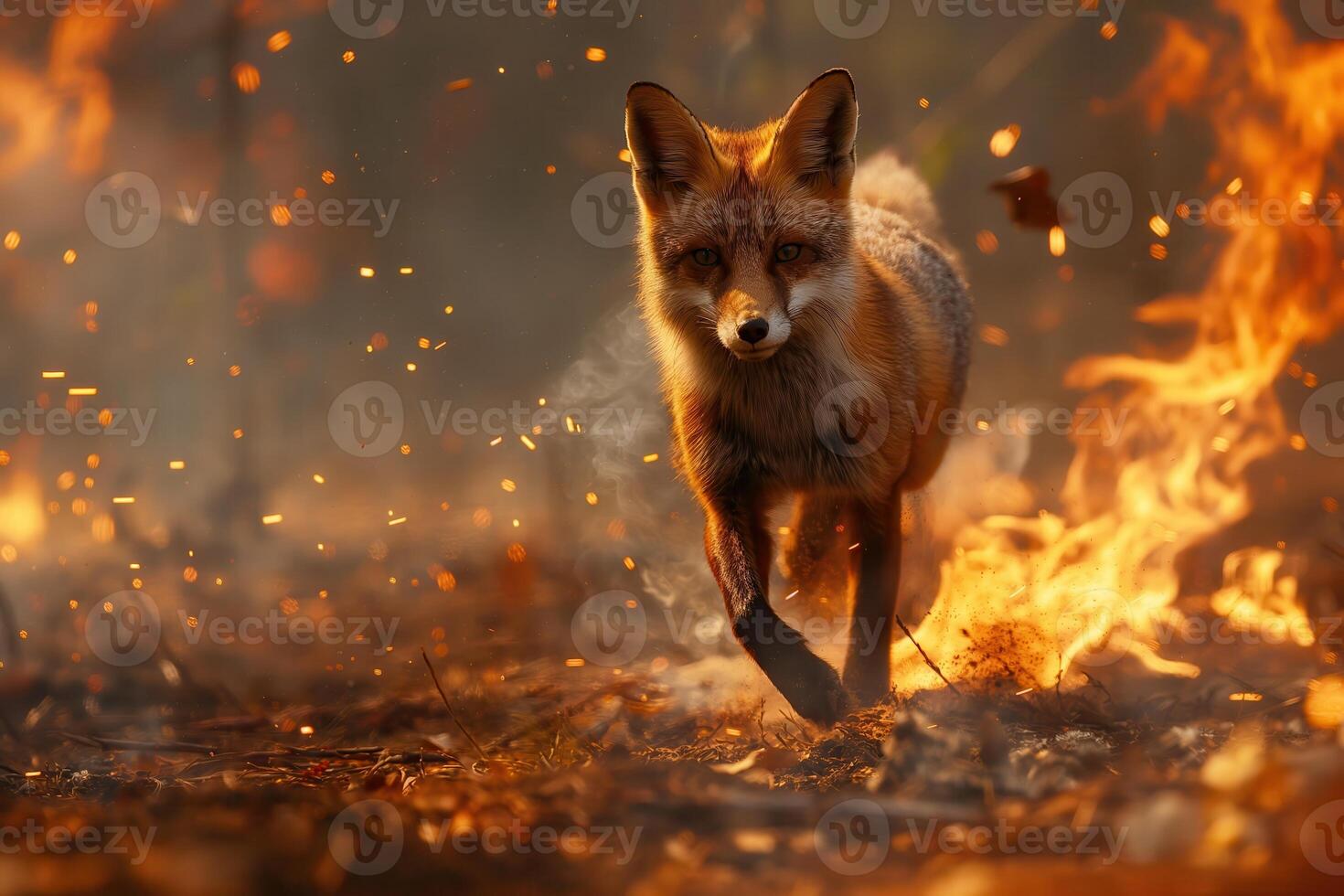 Fox bravely runs away from a forest fire photo