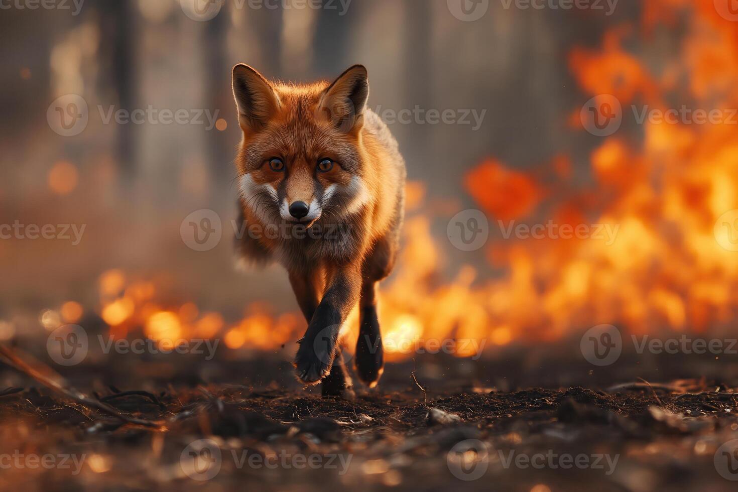 Fox bravely runs away from a forest fire photo