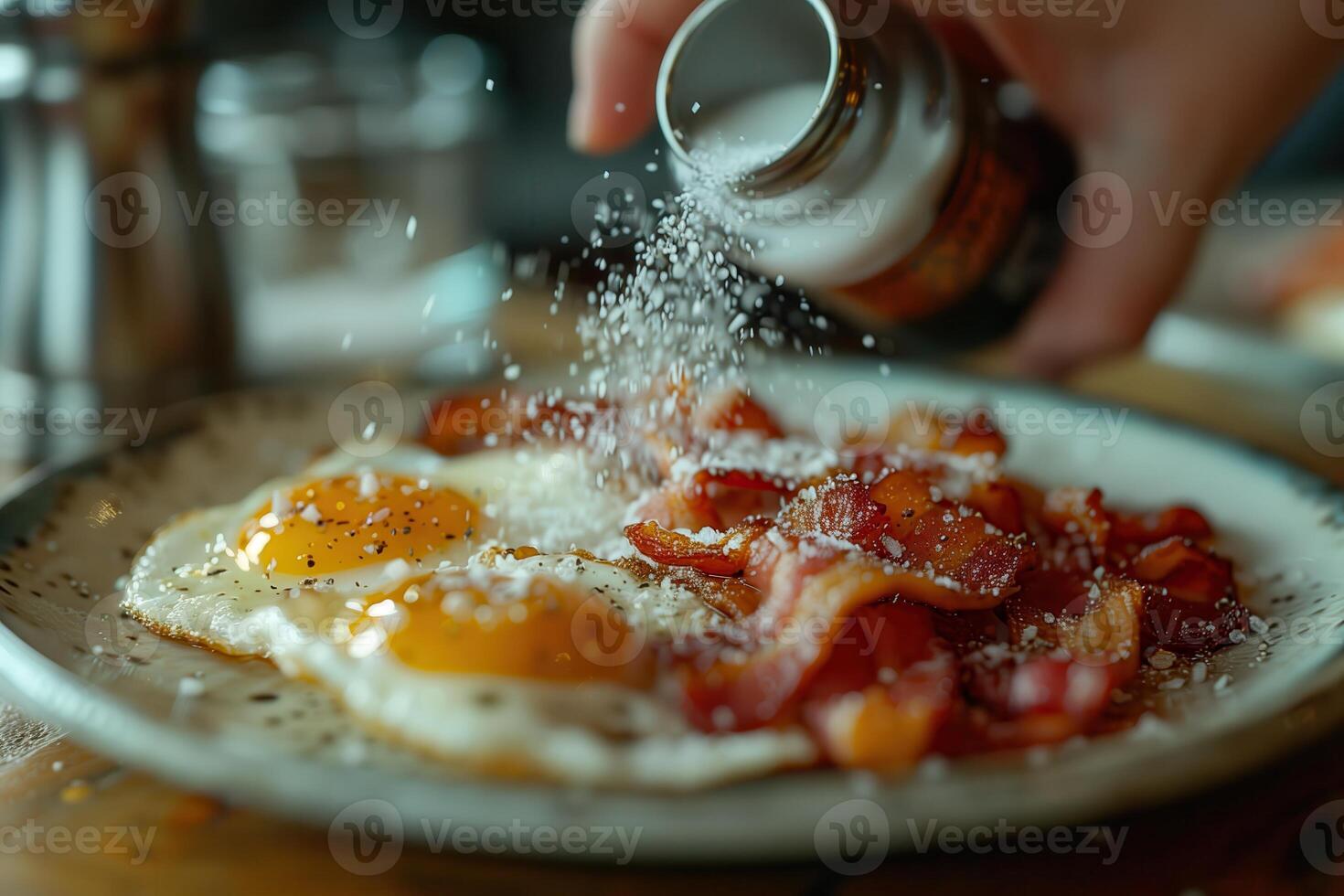 a person sprinkling salt on eggs and bacon photo