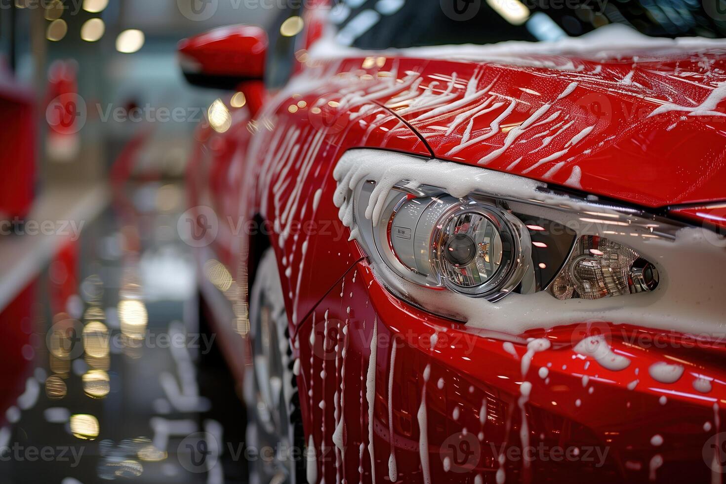 car being cleaned with soapy solutions. Car Wash Service, Vehicle Detailing photo