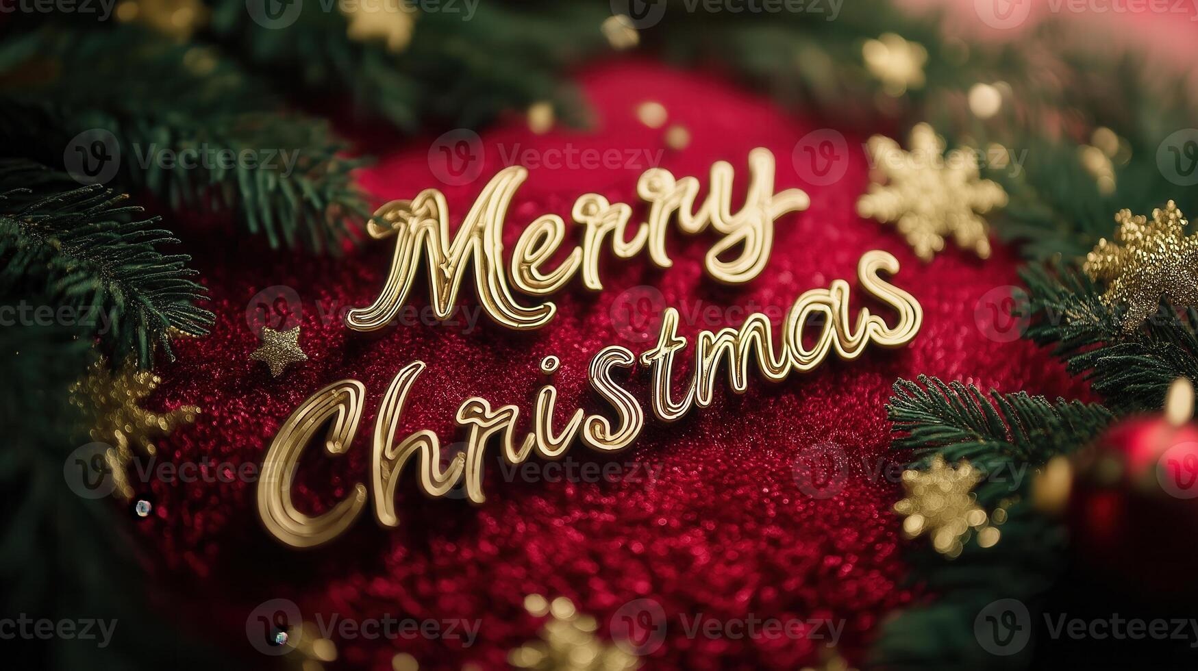 Golden letters Merry Christmas in the center on a red background with fir branches photo