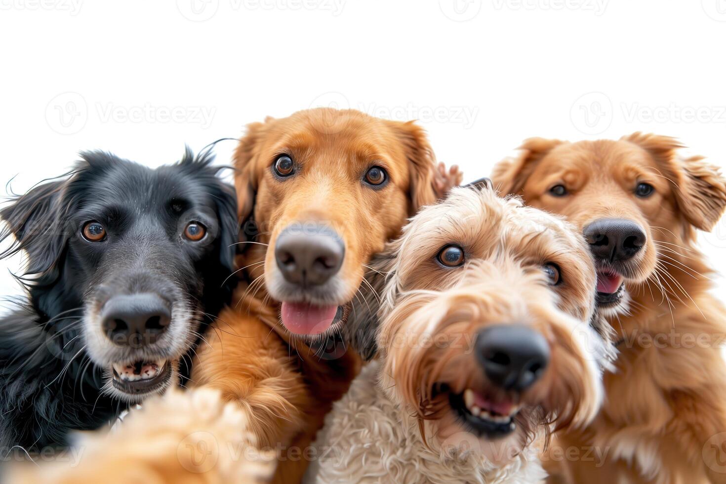 team group row of dogs taking a selfie isolated on white background, smile and happy photo