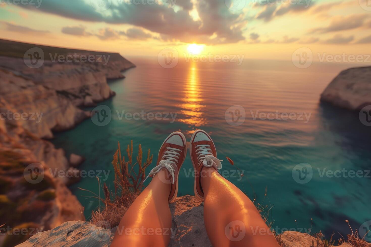 young traveler watching a beautiful sunset in the sea on a rock, rear view photo