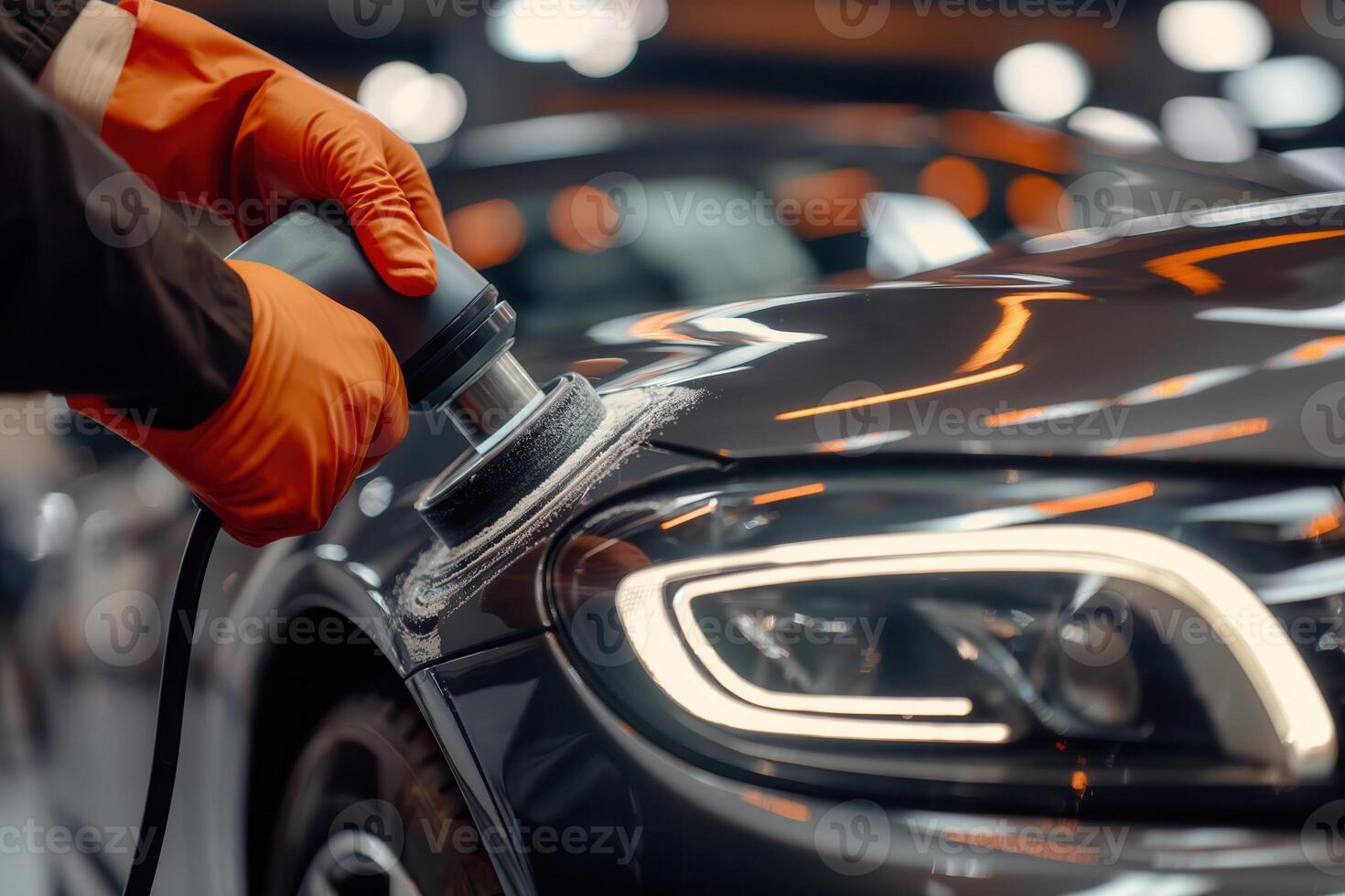 Professional detailing a car in car studio, hands with orbital polisher, scratching remover, vehicle care concept photo