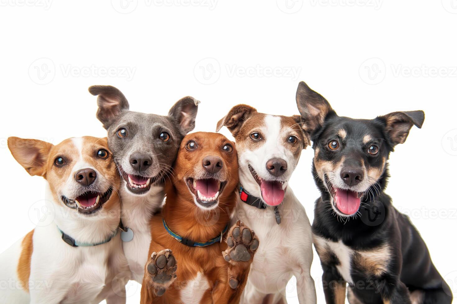 team group row of dogs taking a selfie isolated on white background, smile and happy photo