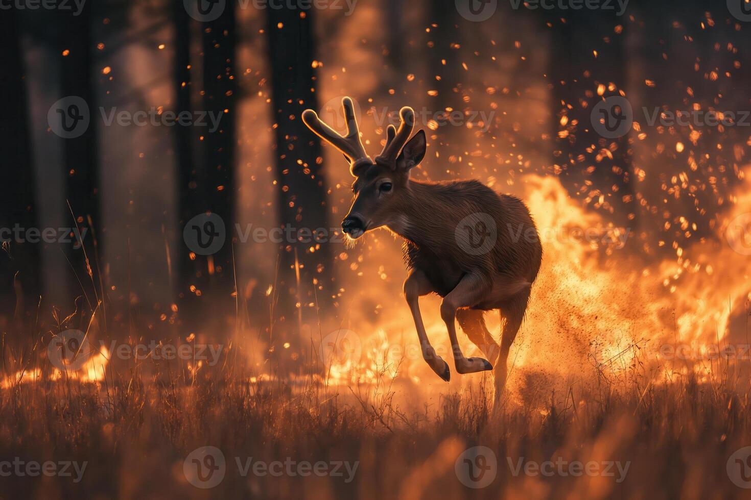 deer bravely runs away from a forest fire photo