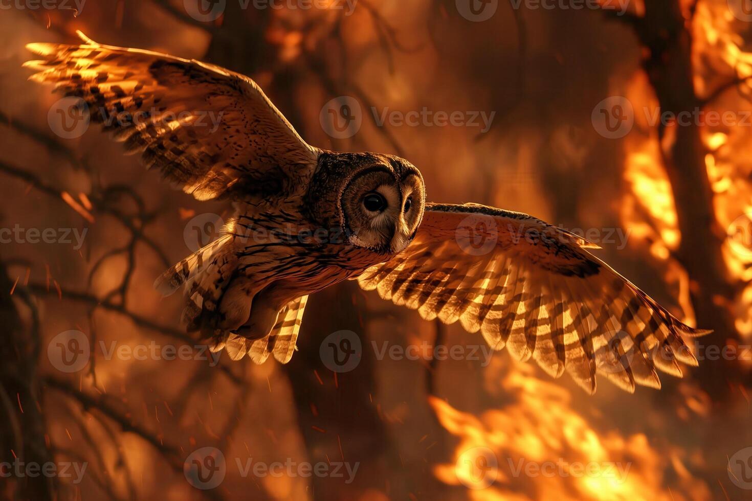 A large owl boldly flies away from a forest fire photo