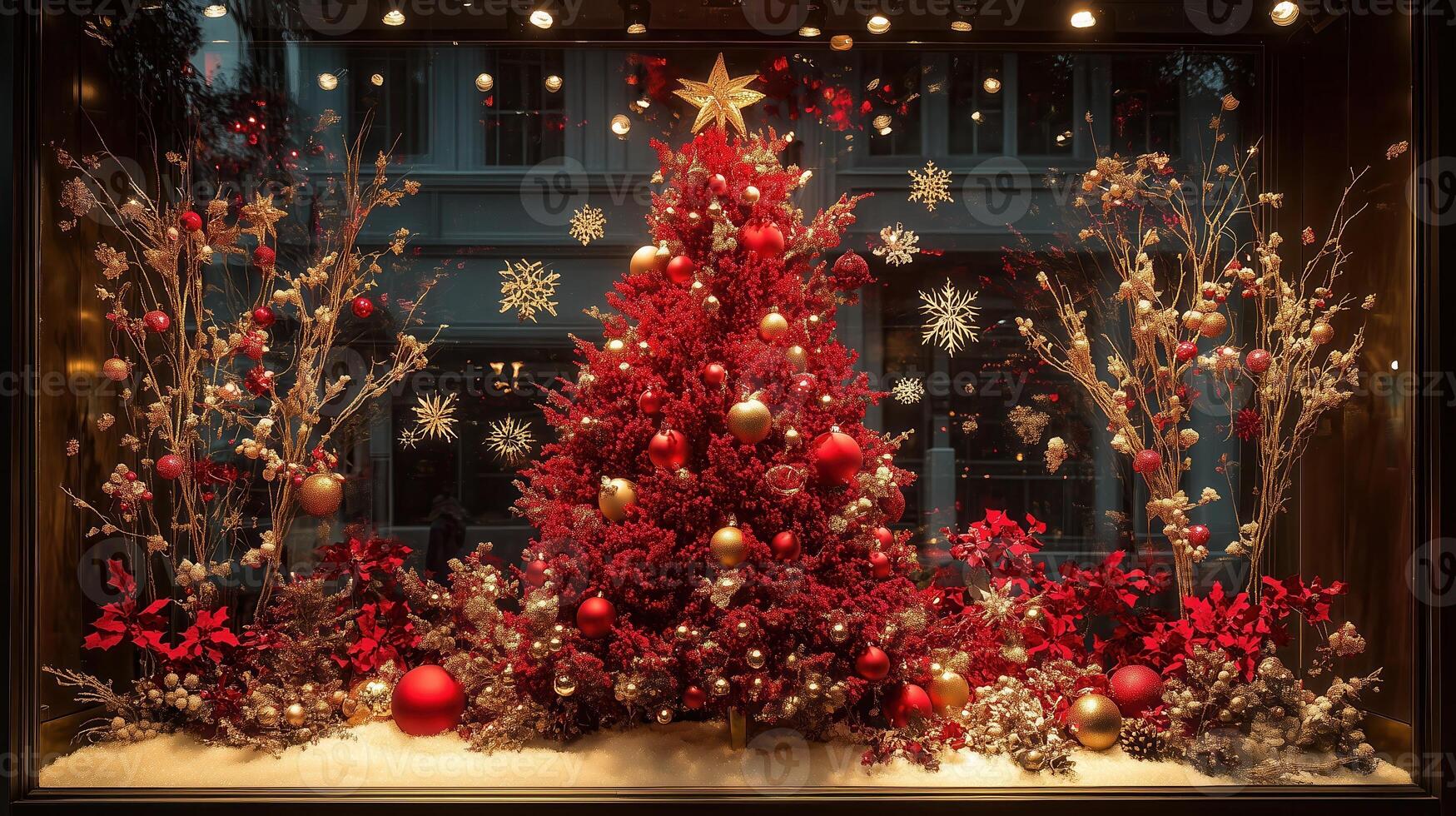 holiday window display featuring a lavishly decorated festive tree with twinkling lights surrounded by golden ornaments and snowflakes photo