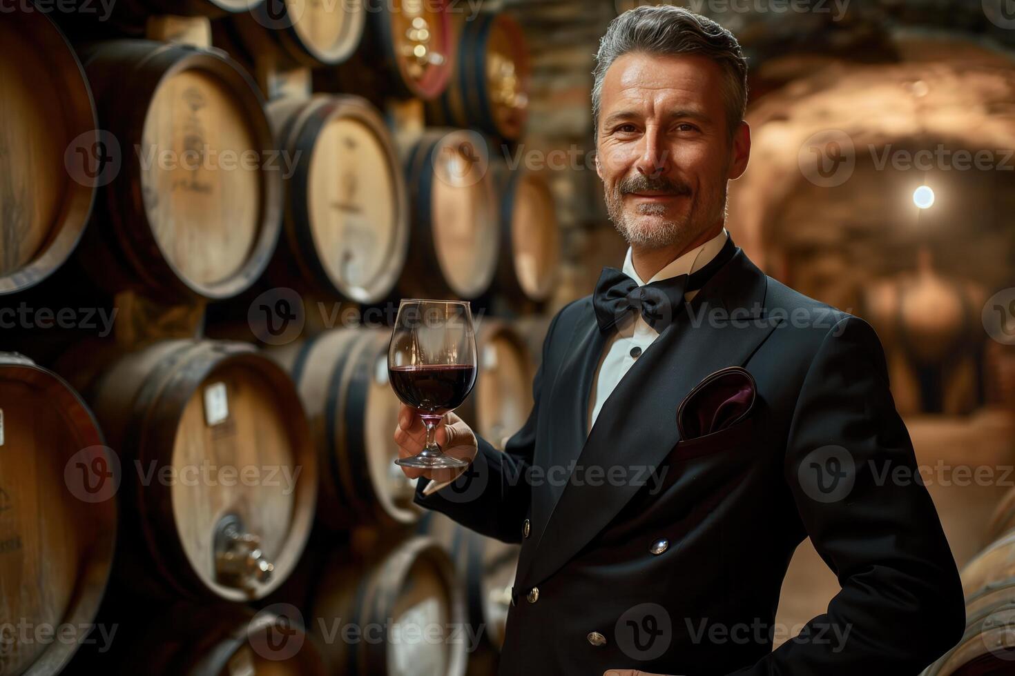 Sommelier holding a glass of red wine in a wine cellar, barrels and bottles in the background photo