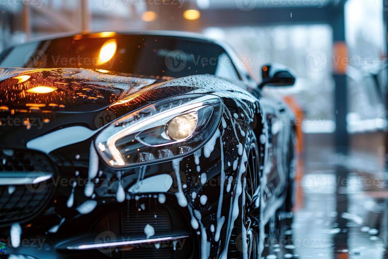 A black car is cleaned with soapy water at a modern car wash. Car wash, Car detailing photo
