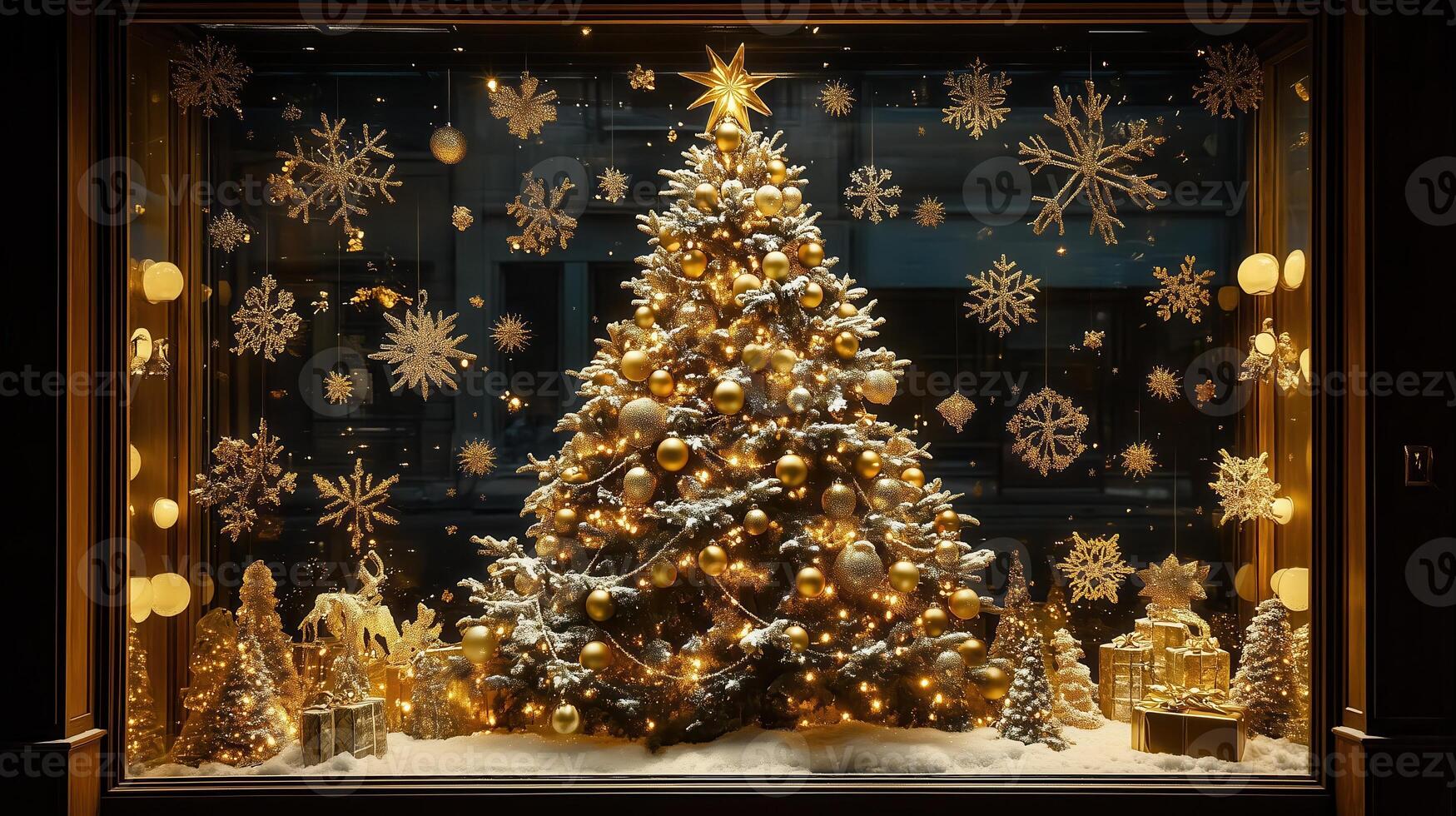 holiday window display featuring a lavishly decorated festive tree with twinkling lights surrounded by golden ornaments and snowflakes photo