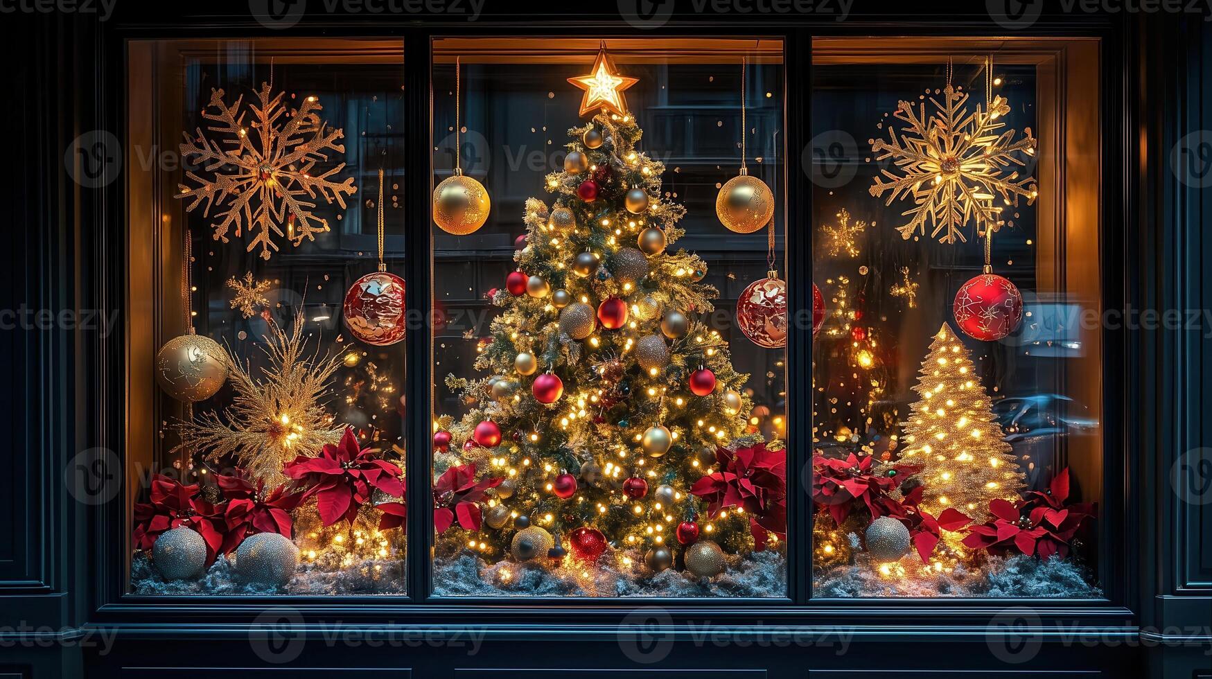 holiday window display featuring a lavishly decorated festive tree with twinkling lights surrounded by golden ornaments and snowflakes photo