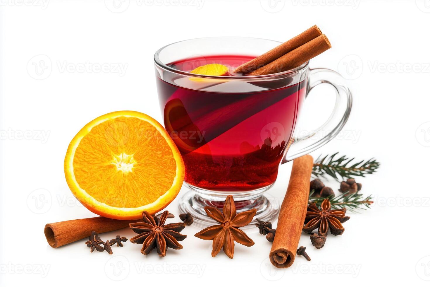 a glass of hot mulled wine with an orange slice and cinnamon photo