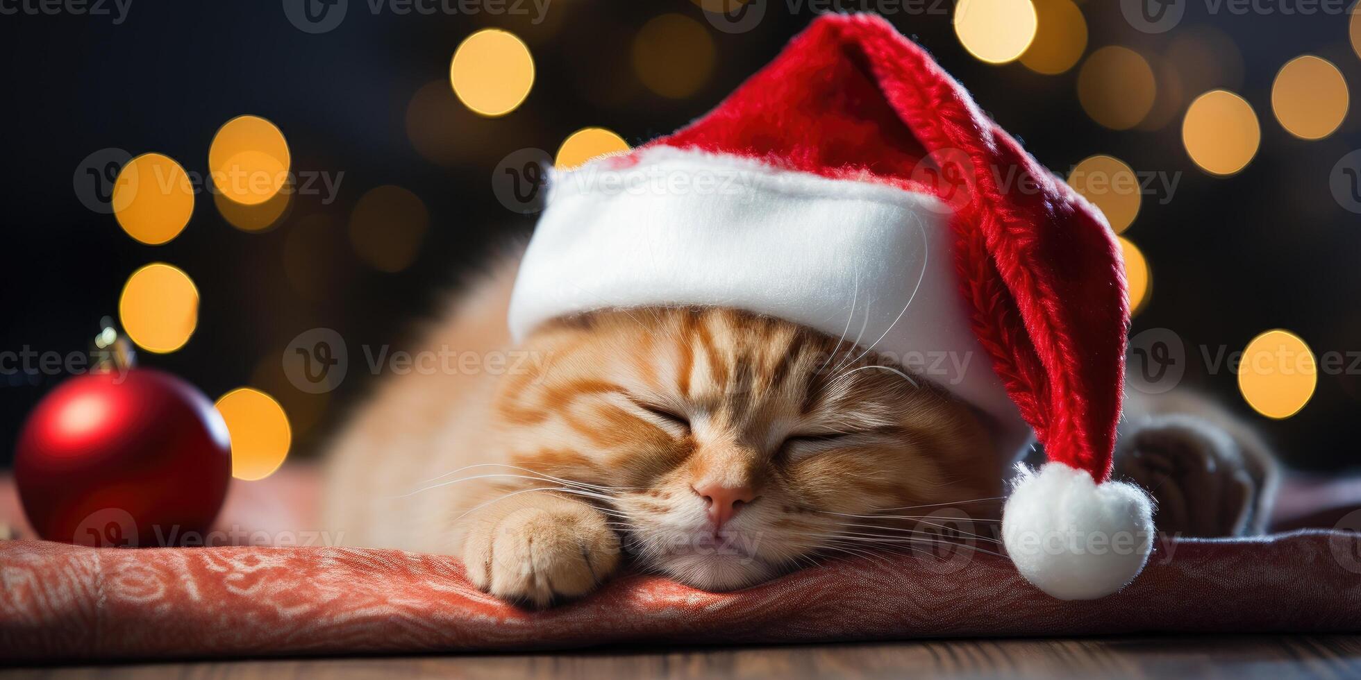 Cute cat in a red hat on a Christmas background, bokeh. photo