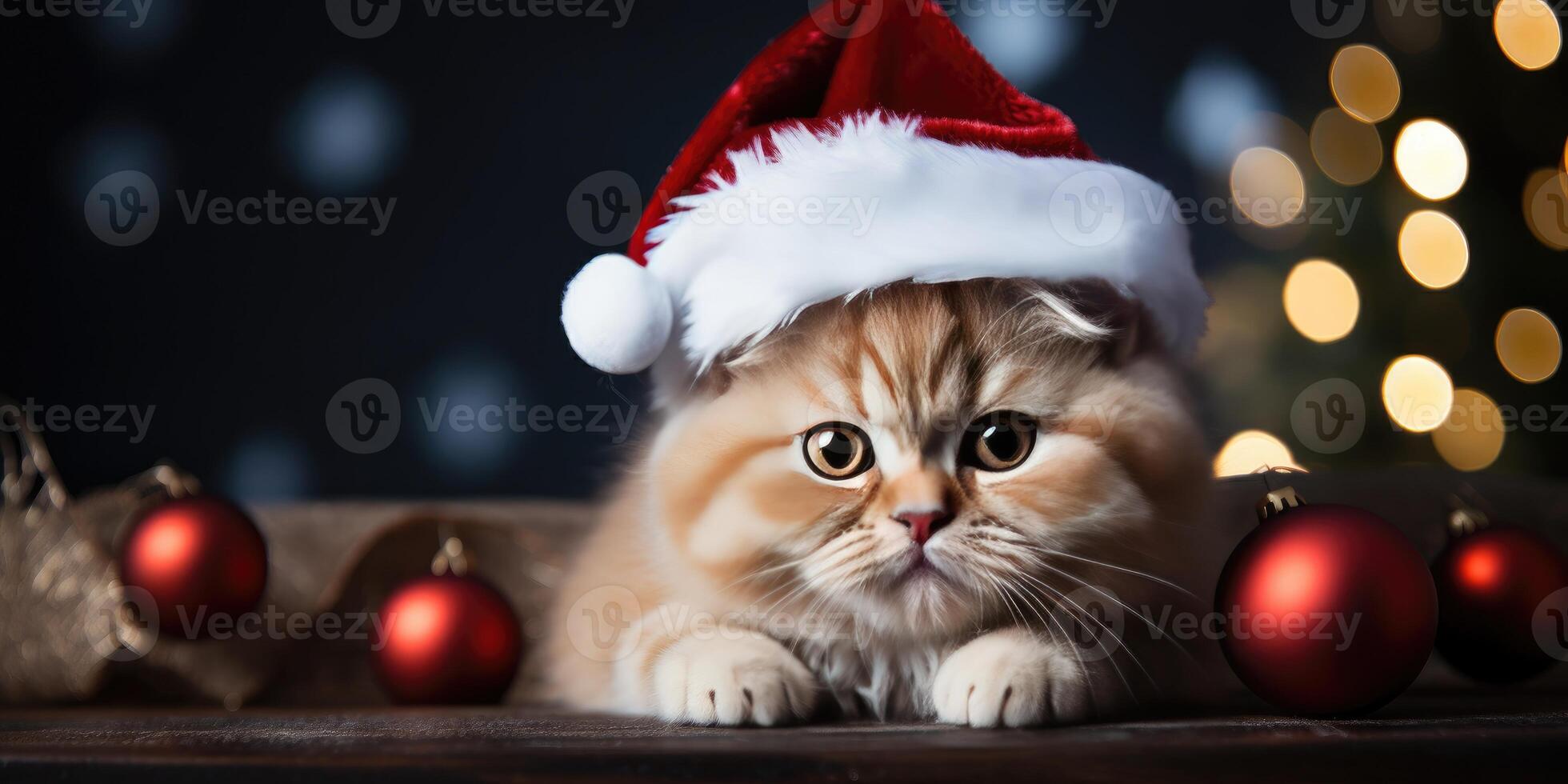 Cute cat in a red hat on a Christmas background, bokeh. photo