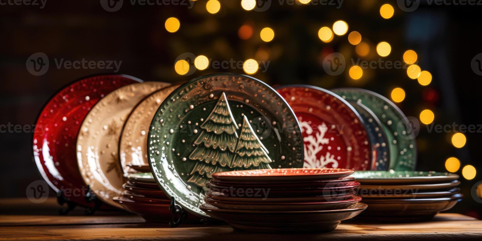 plates with Christmas pattern on a wooden table, New Year's table. photo