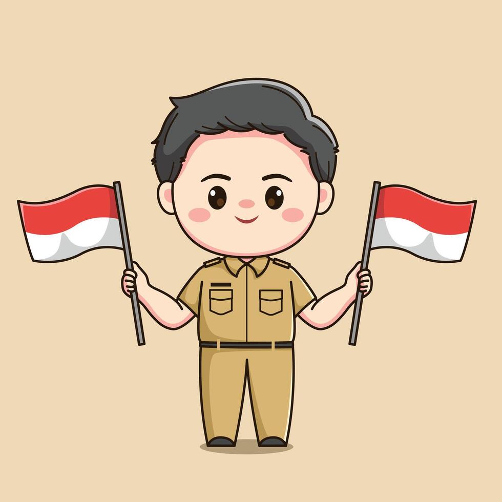 cute male teacher character carrying two Indonesian flags vector