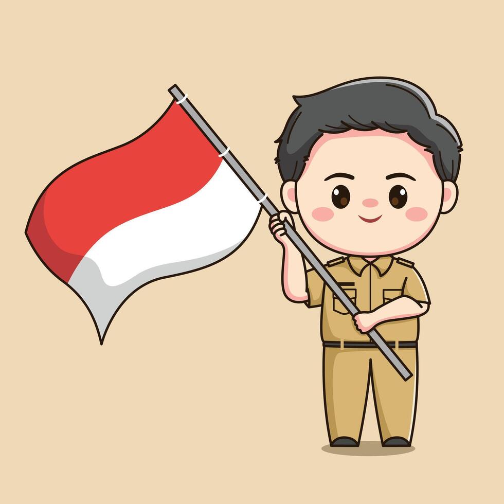 cute male teacher character carrying the Indonesian flag vector