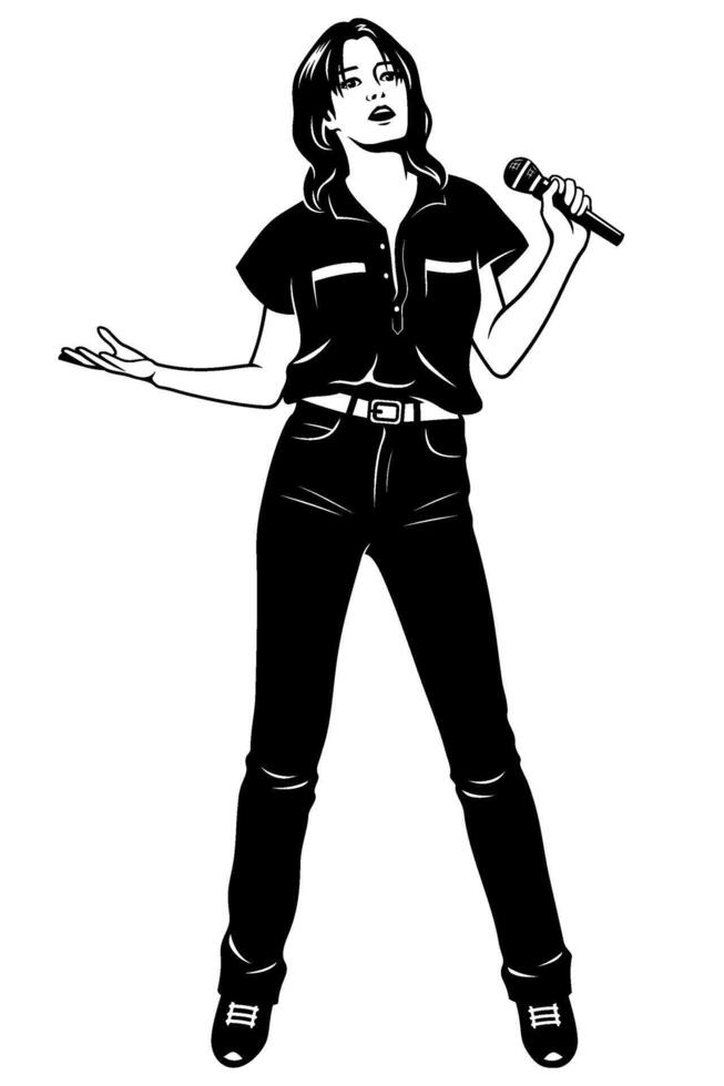Pop, Rock Singer Woman in Jeans. Black and white clipart isolated on white. vector
