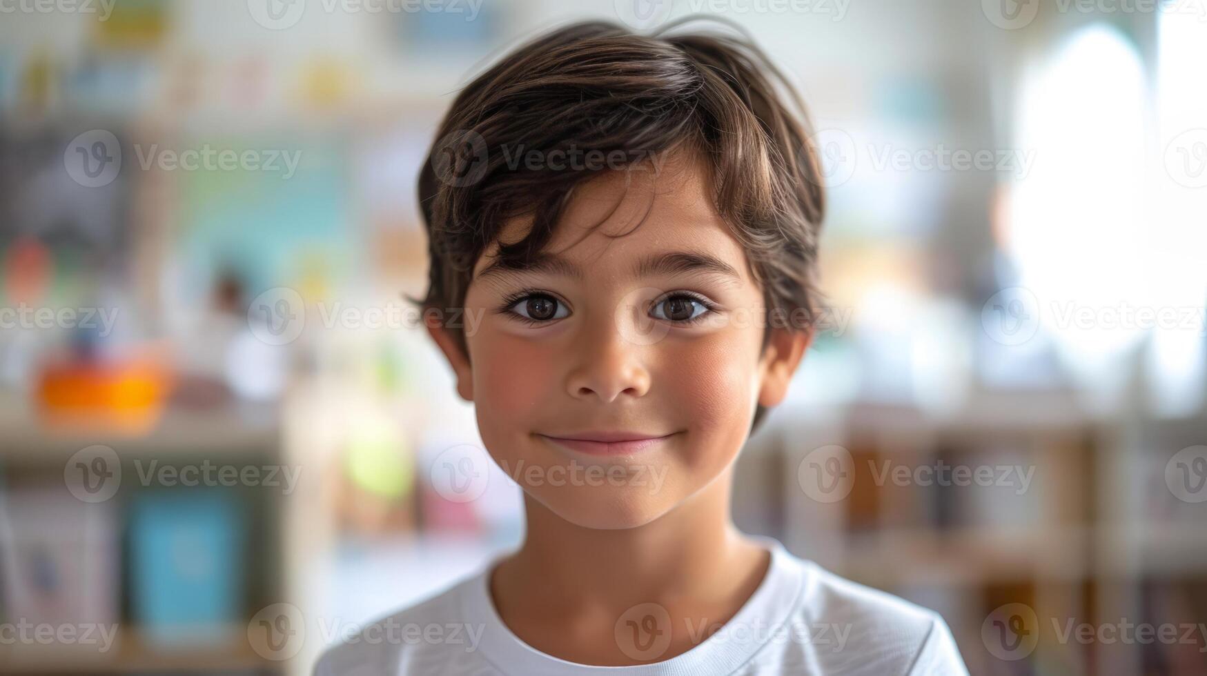 Portrait of smiling boy looking at camera in library at elementary school photo
