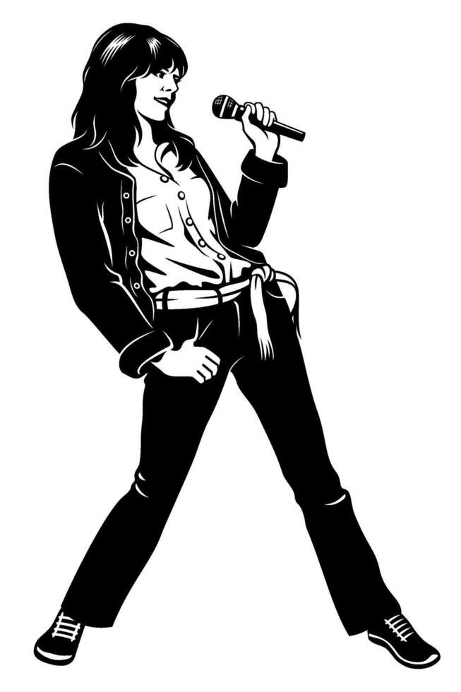 Rock, Pop Singer Girl in Jeans Suit. Ink style clipart isolated on white. vector
