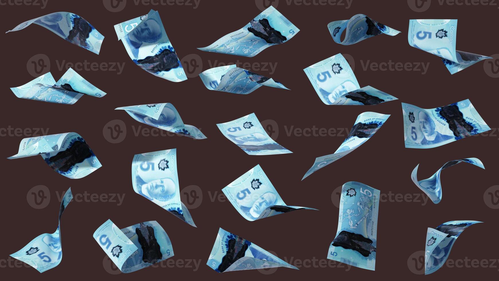 3D rendering of Set of 5 Canadian dollar notes flying in different angles and orientations isolated on dark background. currency of Canada photo