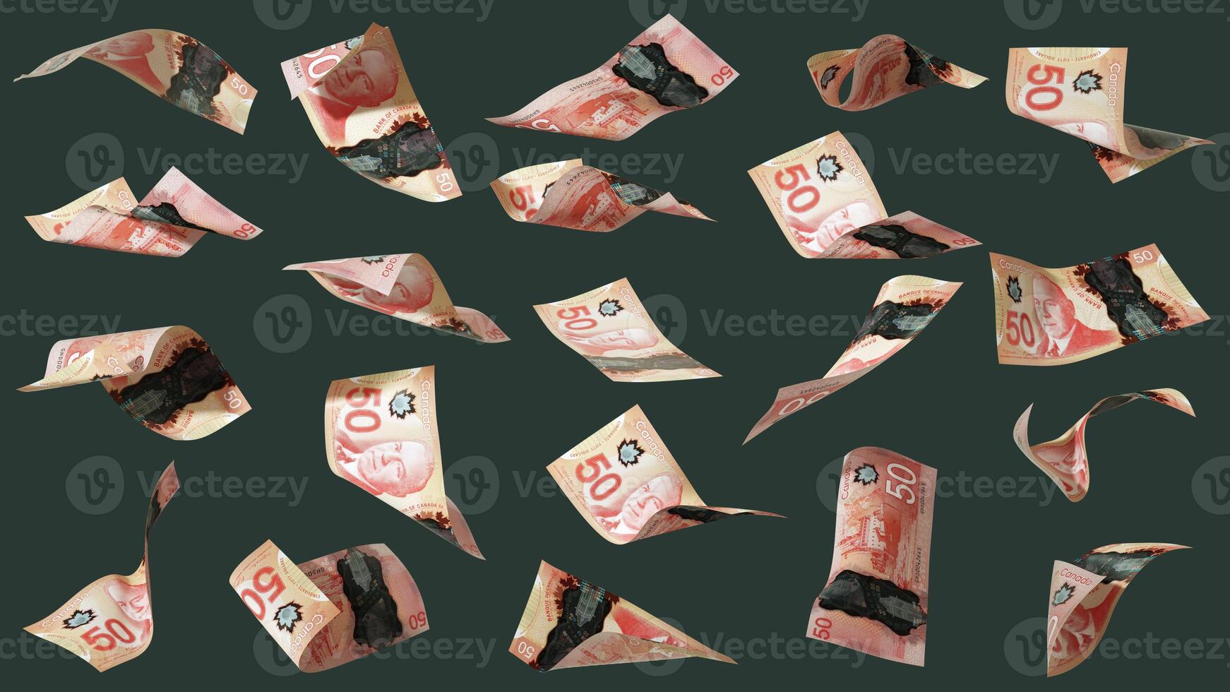 3D rendering of Set of 50 Canadian dollar notes flying in different angles and orientations isolated on dark background. currency of Canada photo