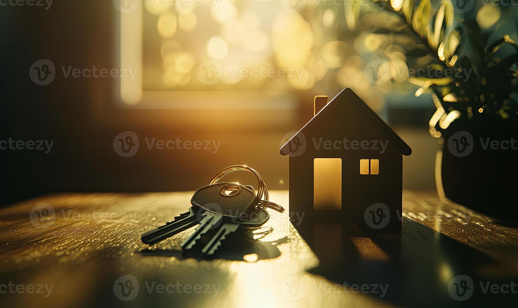 A pair of keys and a wooden house model sit on a wooden table with a sunlit window in the background. photo