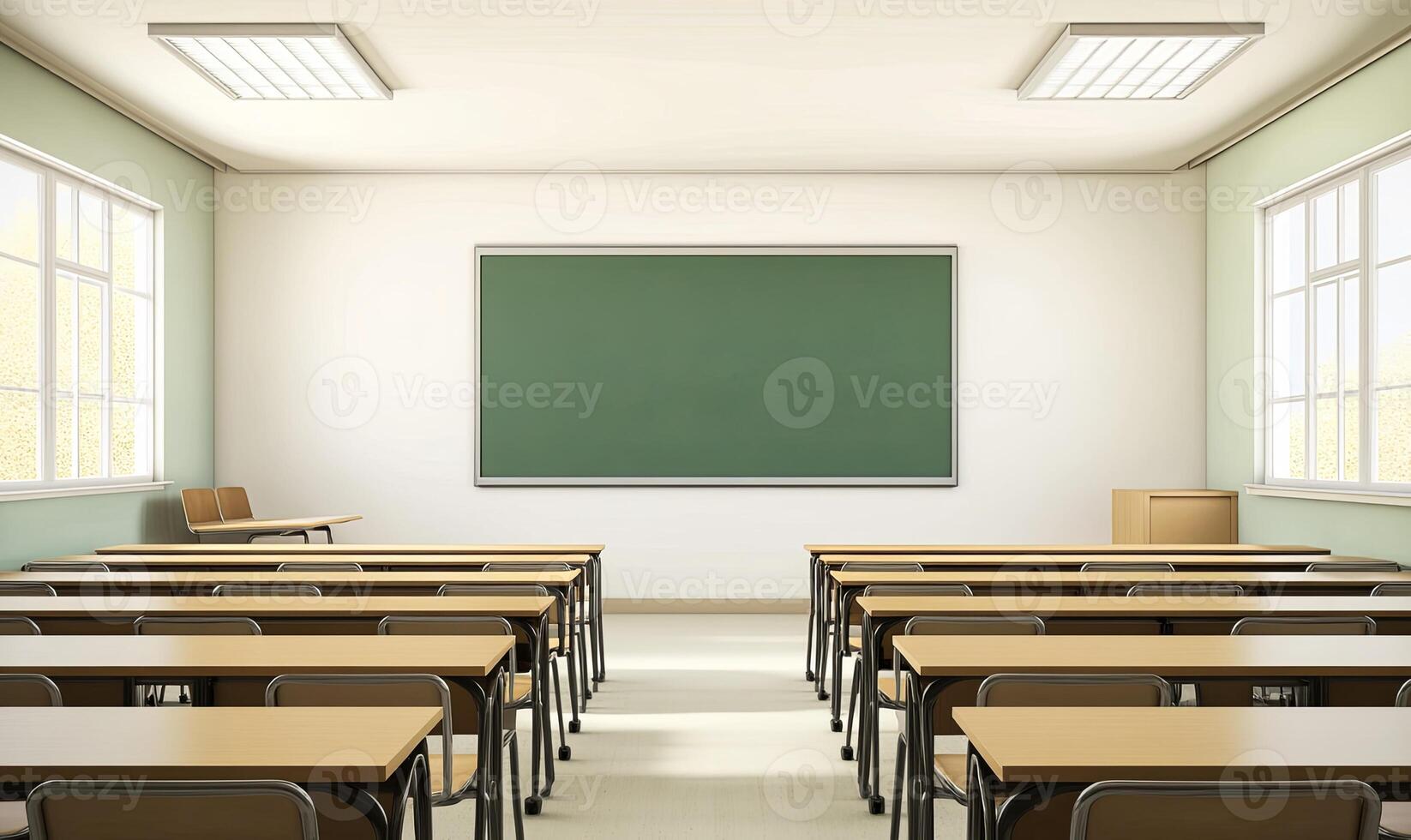 Empty classroom with rows of desks and a chalkboard on the wall. photo