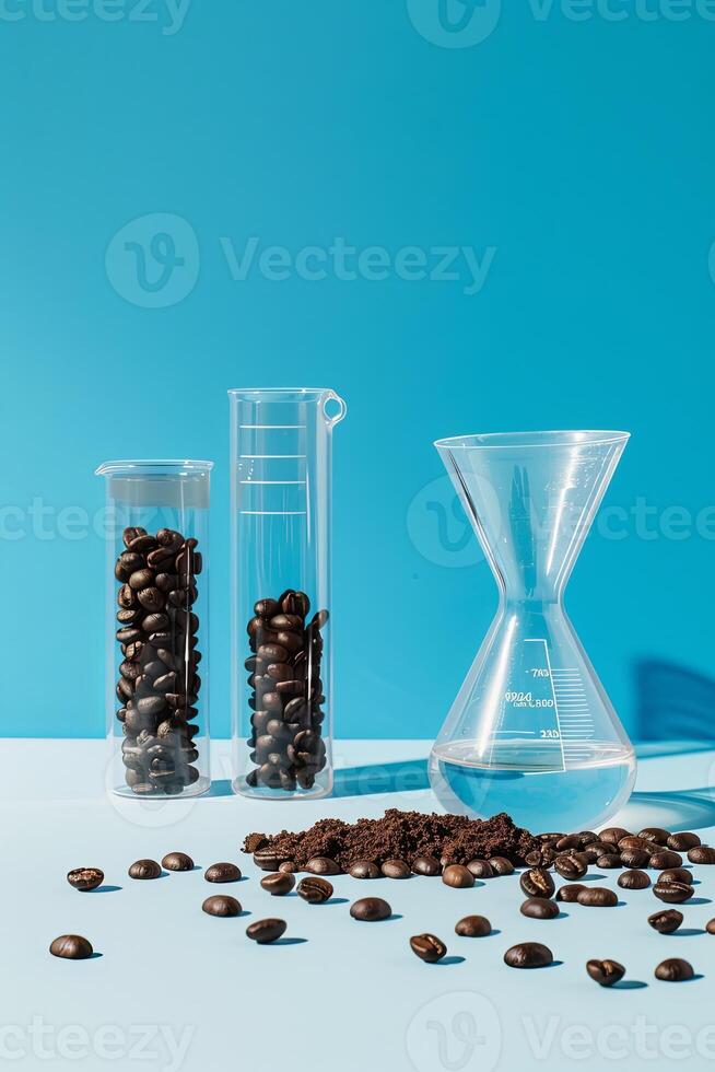 Coffee beans, grounds and water in laboratory glassware on a blue background. photo