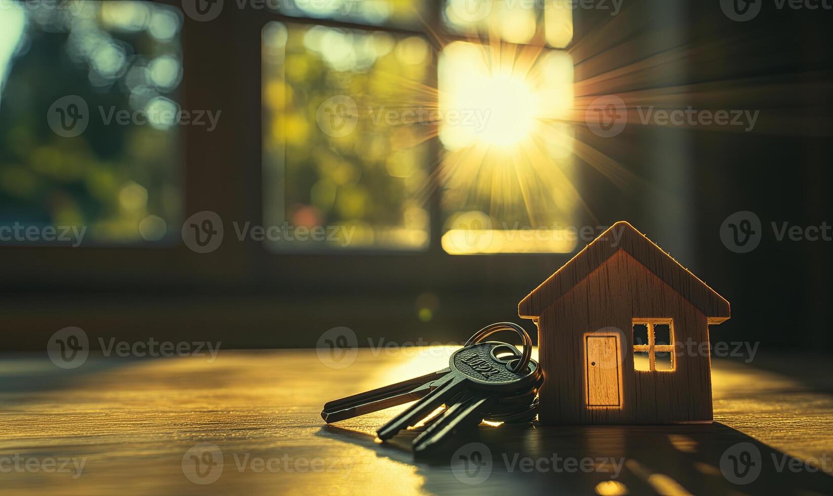 Wooden house model with keys on a table against a sunset window. photo