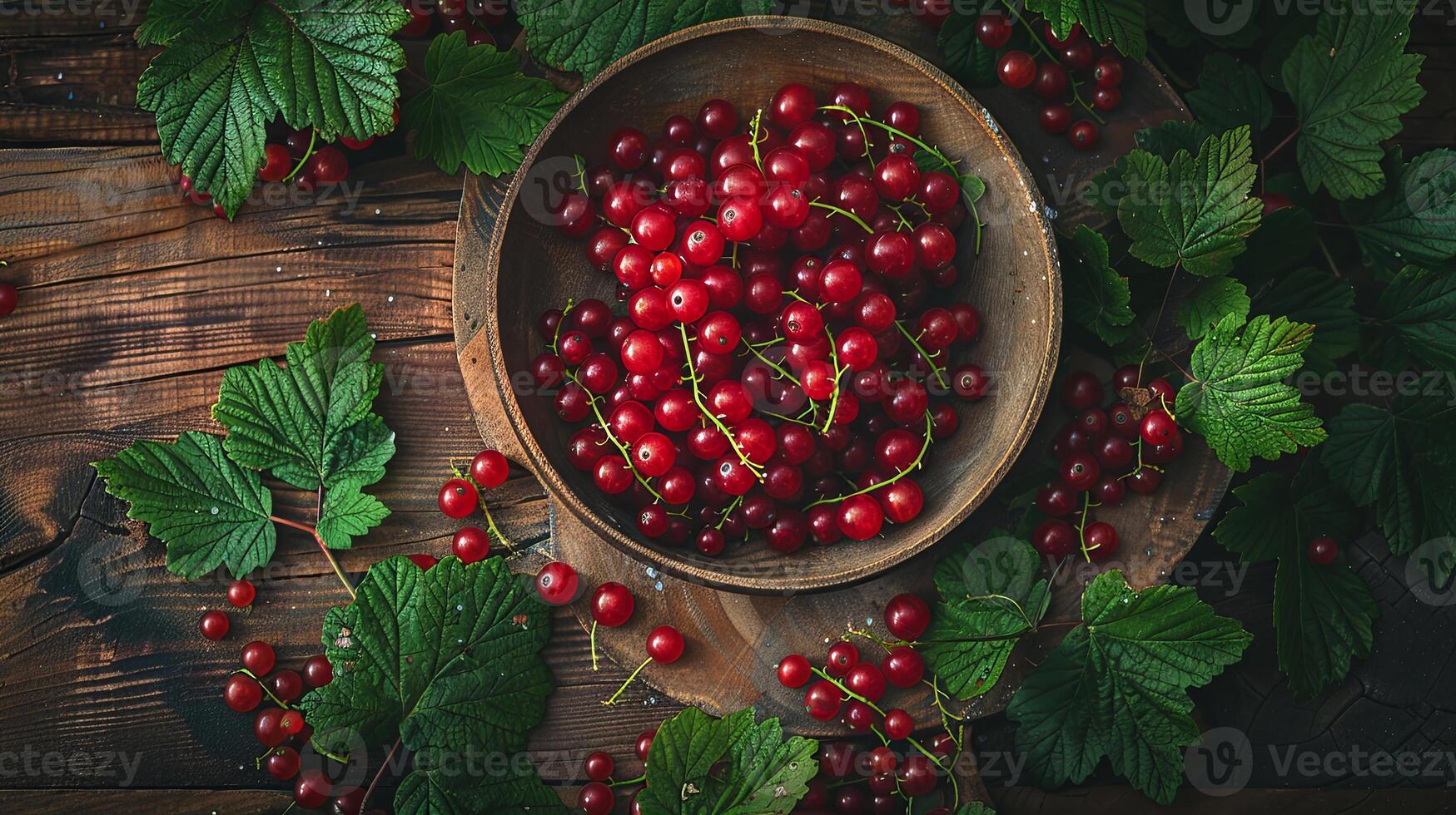 A wooden bowl filled with red currants surrounded by leaves on a wooden surface. photo