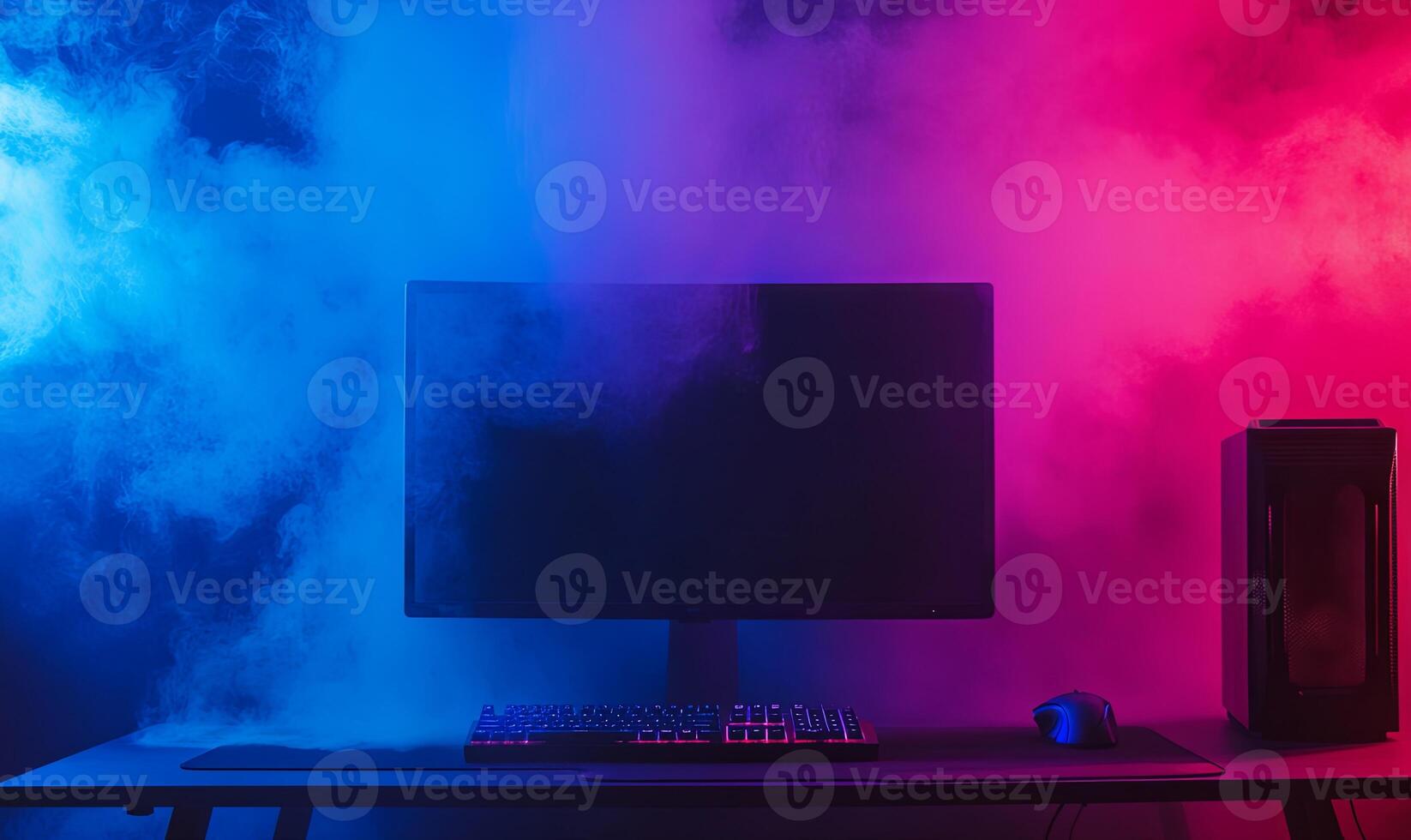 A modern desktop computer with a black screen and RGB lighting in a dark room filled with smoke. photo
