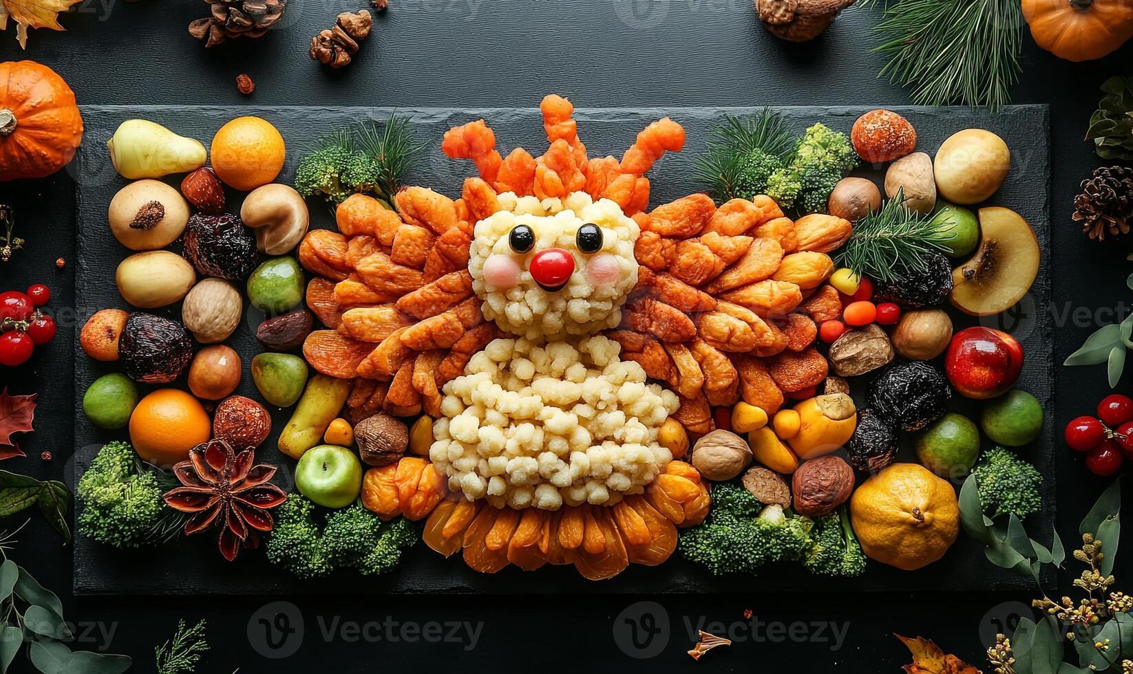 A whimsical Thanksgiving turkey made from dried fruit, nuts, and other fall harvest foods on a black slate board. photo