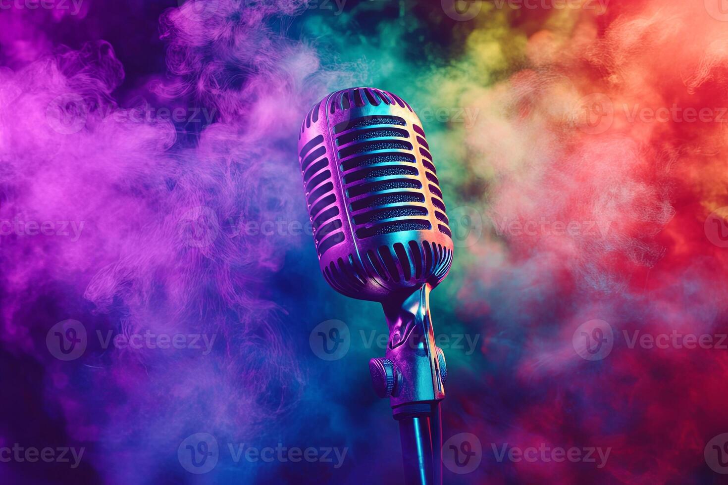 Retro microphone with colorful smoke background. photo