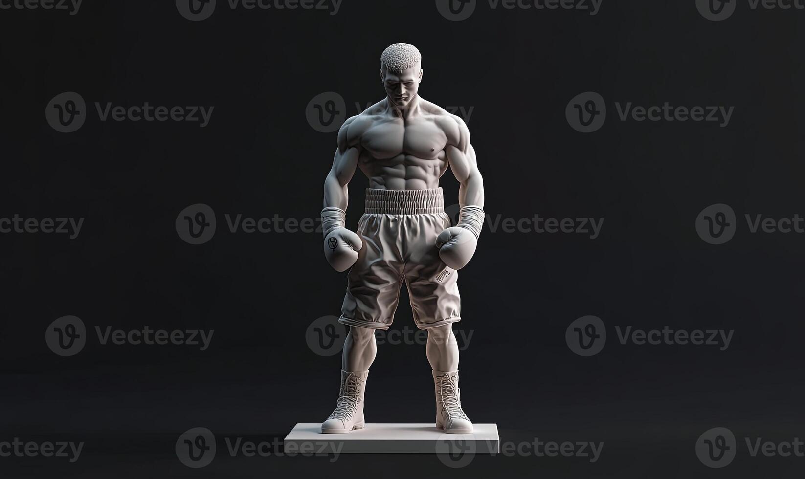 A white 3D rendered model of a male boxer in a fighting stance. He is wearing boxing gloves and shorts. The model is on a white pedestal and is against a dark background. photo
