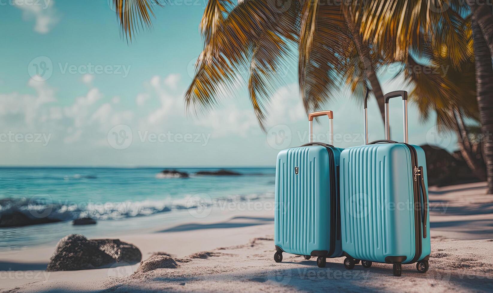 Two blue suitcases stand on a white sandy beach under a palm tree with a bright blue ocean and sky in the background. photo