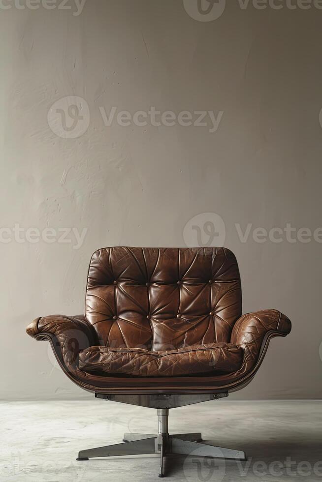 A brown leather armchair with a swivel base sits in front of a neutral colored wall. photo