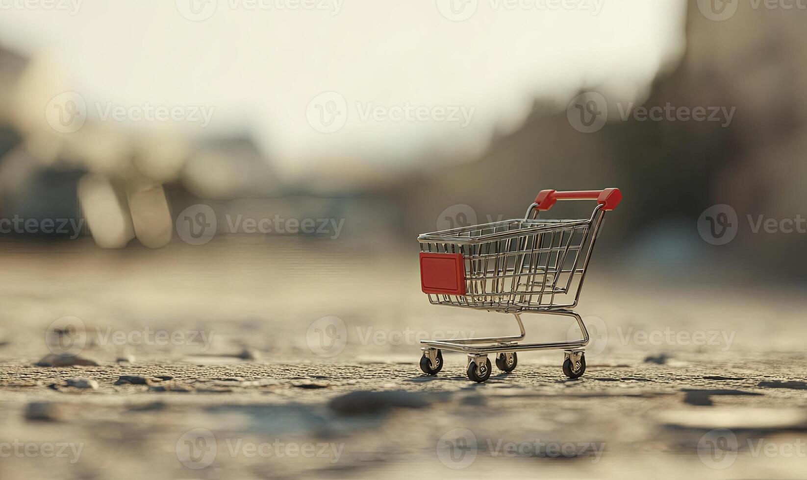 A small shopping cart sits alone on a paved surface, with a blurred background of buildings and a sunlit sky. photo