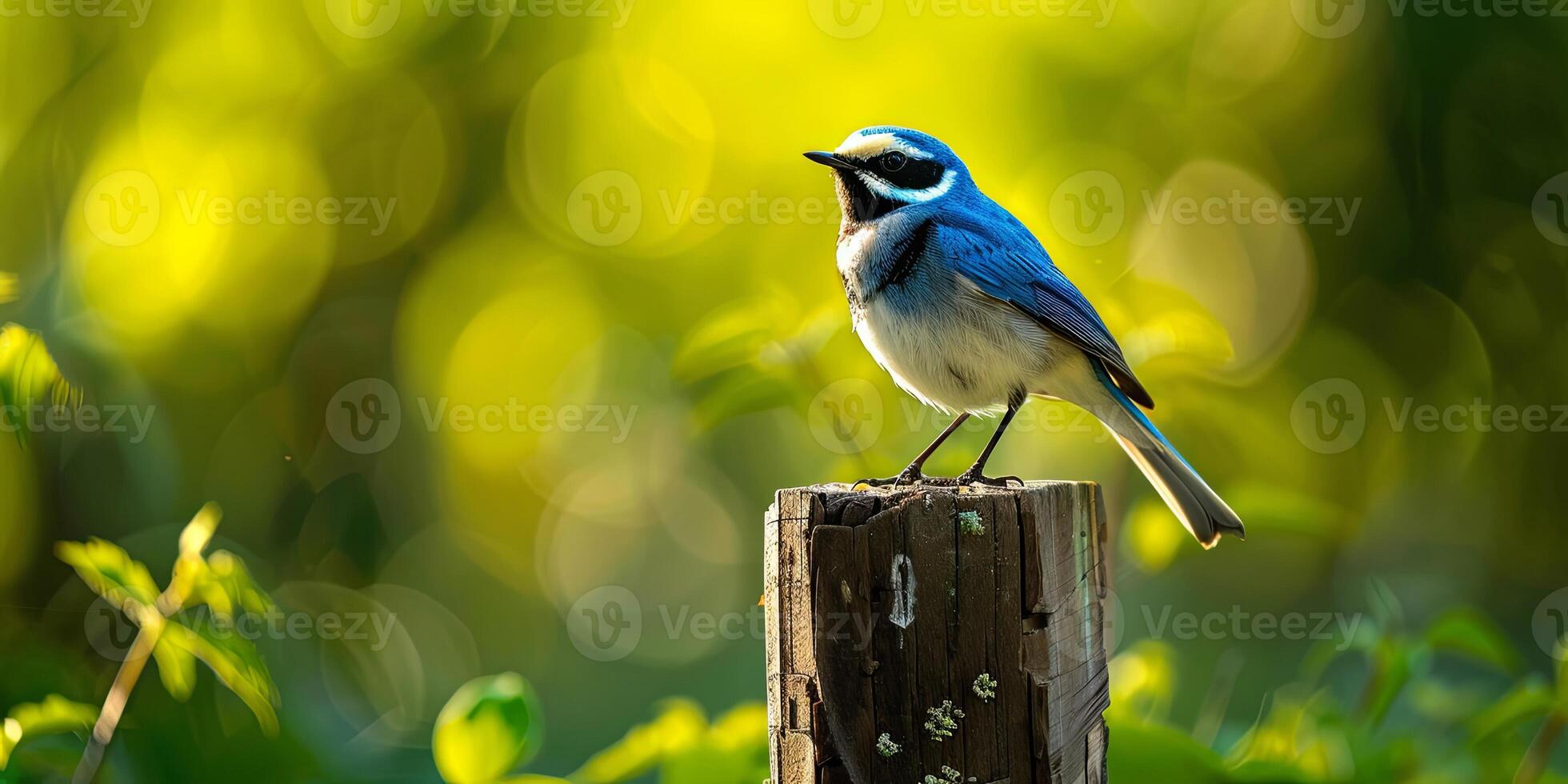 A small blue bird with a white stripe above its eye sits perched on a wooden post with a blurred green background. photo